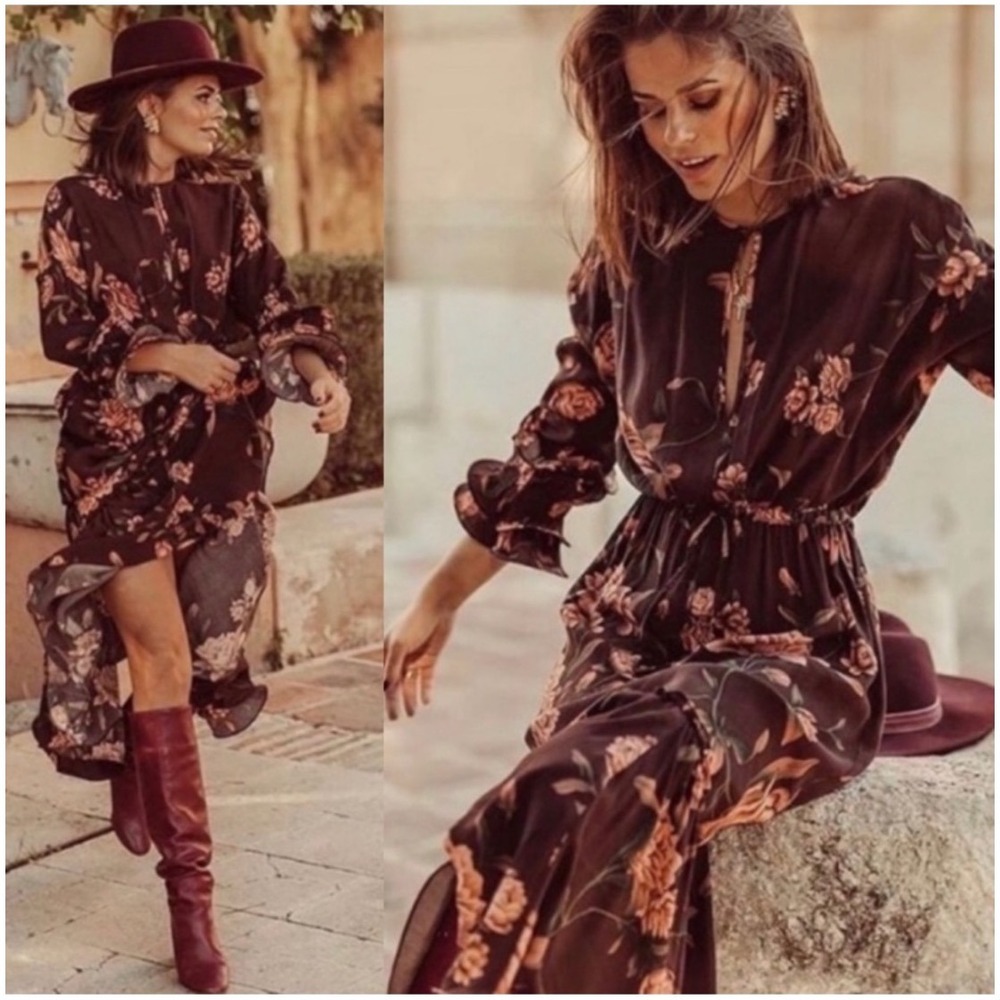 Johanna Ortiz x H&M HiLo Maxi Dress Brown Floral Long Sleeve Ruffle Women Size S